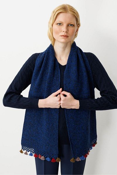 Desen Triko Women's Crocheted Edge Tasseled Wool Kaşkol P.Blue