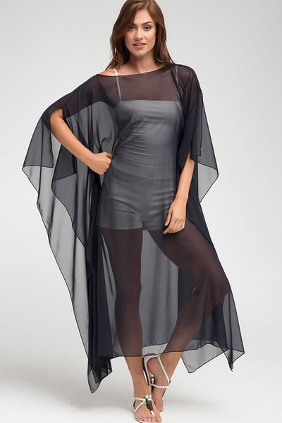 Laranor Black Chiffon Slit Bat Sleeve Relaxed Cut Kimono Beachwear 24L7566