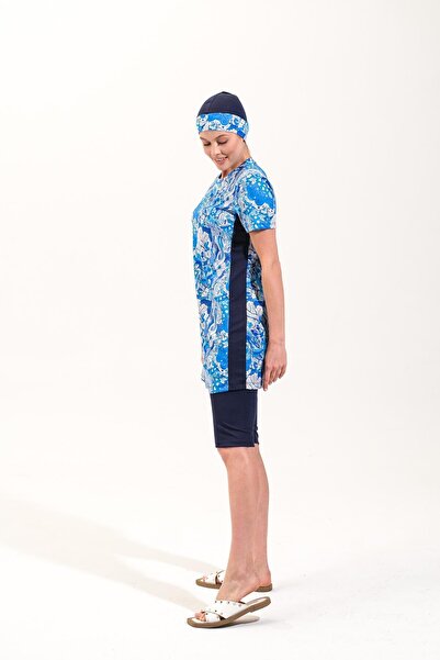 Plistre 2260_Kadın 4'lü Takım Yarı Kapalı Boneli Büstiyerli Deniz/Havuz Tesettür Mayosu