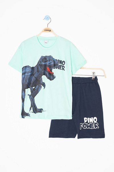 Cansın Mini Mint Dino Printed Written Boys Shorts Top and Bottom Set 20620