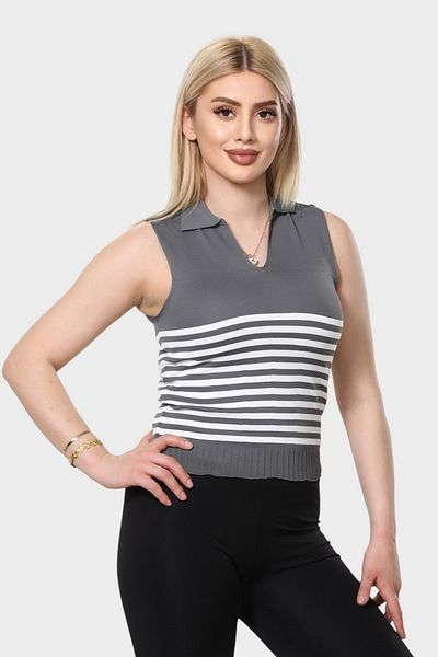 NEWCO White Striped Polo Neck Sleeveless Knitwear Blouse