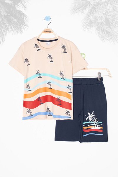Cansın Mini Cream Palm Patterned Crew Neck Boy's Shorts Suit 20626