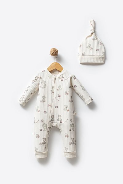 Bubbles 100% Organic Cotton You and Me Teddy Bear Baby Zippered Jumpsuit