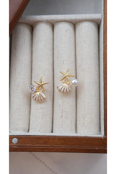Jerie Gold Pearl and Stone Detailed Enameled Sea Earrings