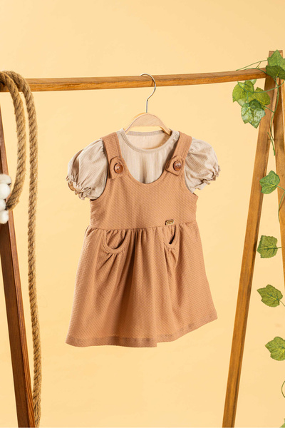 bombe Bebek Çocuk Kız Çocuk Kahverengi Elbise Pamuklu Rahat Elbise Trend Moda 2'li Takım