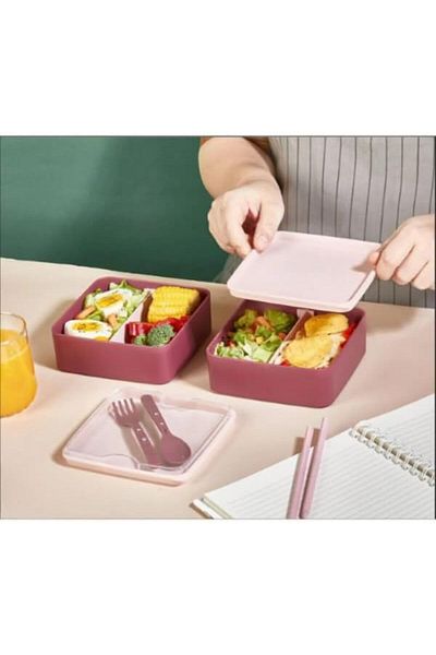 LUXE Prime Smart Compartmented 2 Layer Pink Lunch Box with Fork and Spoon Square - Damson Lxshp 1055529