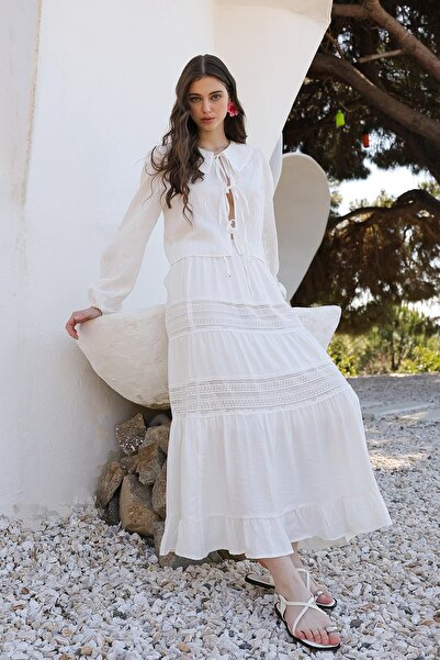 Olcay Lace Detailed Elastic Waist Skirt White 7061