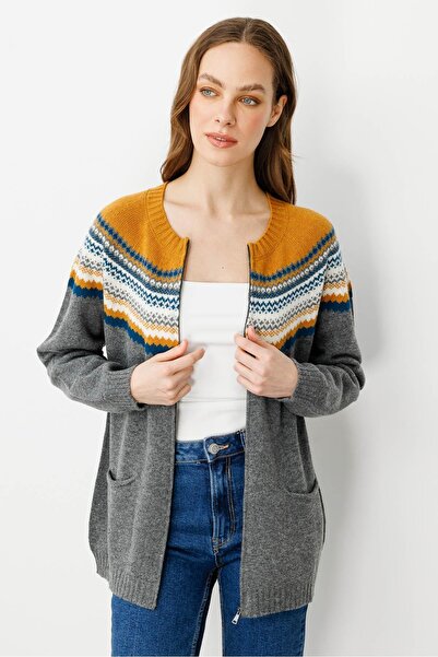 Desen Triko Women's Crew Neck Robe Jacquard Wool Cardigan Smoked