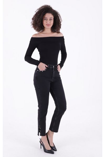 RICHMOST High Waisted Mom Fit Women's Jean Jeans with Rhinestones at the Legs and Slit Pockets Straight Anthracite Denim