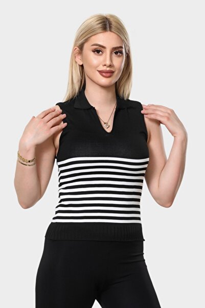 NEWCO Λευκή ριγέ μπλούζα πόλο γιακά αμάνικο πλεκτό