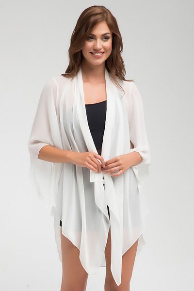 Laranor Ecru Chiffon Shawl Collar Three Quarter Sleeve Asymmetrical Kimono Cardigan Beachwear 24L7553