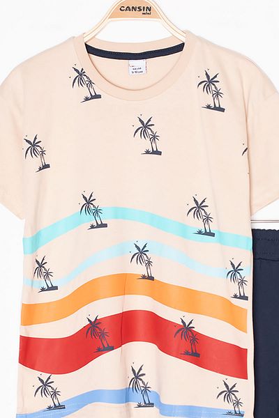 Cansın Mini Cream Palm Patterned Crew Neck Boy's Shorts Suit 20626
