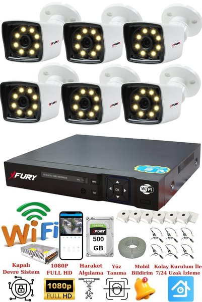 FURY 6 Kameralı 5mp Lens 1080p 2mp Color Görüntü 8 Warm Led Gece Görüş Fullhd Güvenlik Kamera 5525w