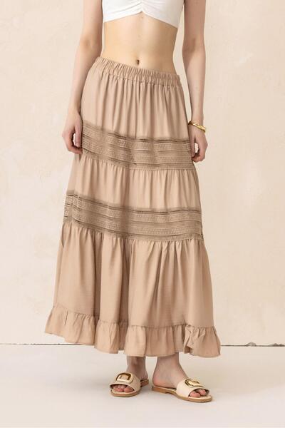 Olcay Lace Detail Elastic Waist Skirt - Stone 7061