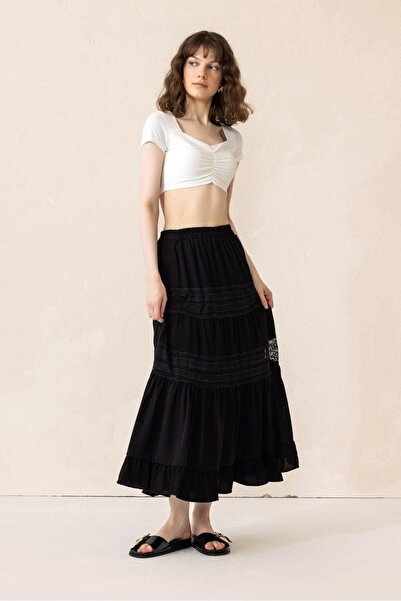 Olcay Lace Detailed Elastic Waist Skirt Black 7061