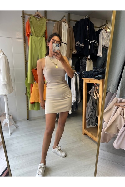 Butik Bej İçi astarlı mini etek