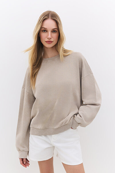 No Matter What Oversize Fit Bej Basic Sweatshirt