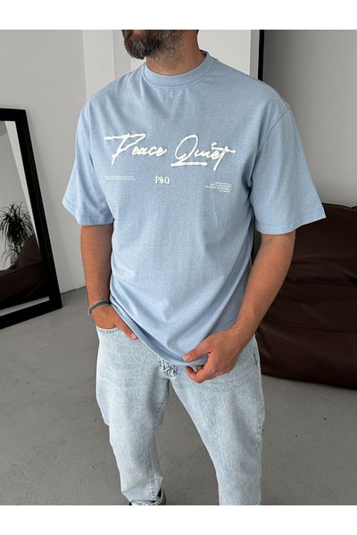 BYBASICMAN Light Blue Peace Printed Oversize T-Shirt Yp-5066
