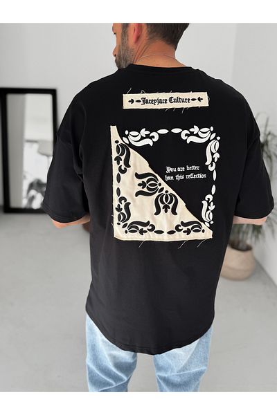 BYBASICMAN Black Straw Patch Motif Oversize T-Shirt Jj-214