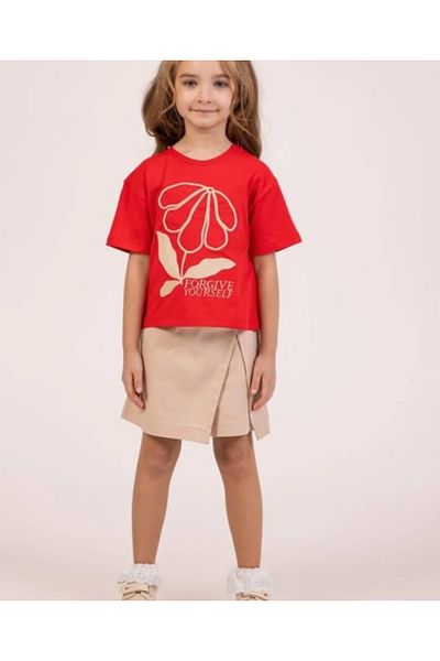 DMB KİDS Girl's Embroidered Woven T-Shirt Elastic Waist Tether Accessory Shorts Skirt Set