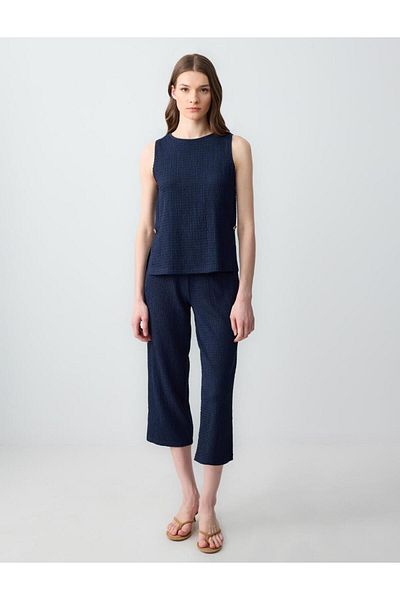 Jimmy Key Navy Blue Straight Cut Round Neck Sleeveless Knitted Blouse