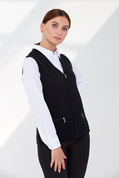 Desen Triko Γυναικείο Πλεκτό Γιλέκο με Πλεκτό Ατσάλι με Τσέπη με φερμουάρ Μπλε μπλε