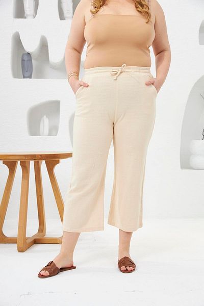 RMG Wide Leg Large Size Cotton Trousers Capri Cream