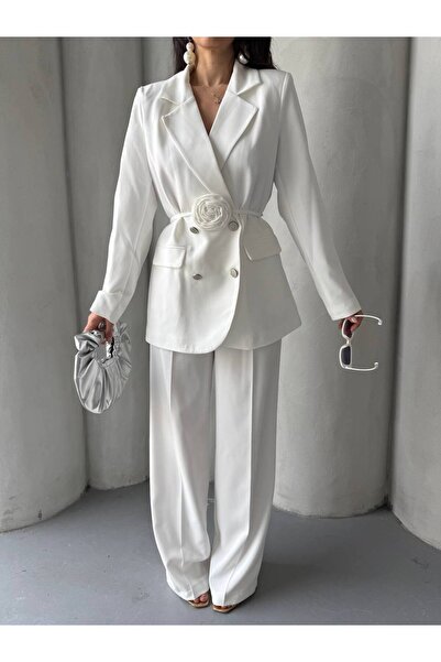 msm fashion Women's Double Blazer Jacket Pants Suit Accessory and Button Detailed Wide Leg