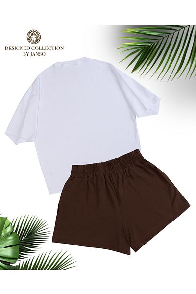JANSO GROUP -Women Short Sleeve Flower Printed Tshirt-Shorts 2Pcs Set Large Size Oversize Cotton