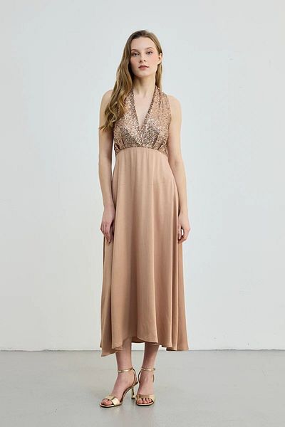 Gusto Sequin Sequin Detailed Satin Dress - Copper