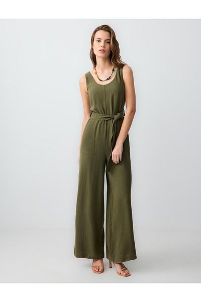 Jimmy Key Khaki Relaxed Cut Waist Tie Linen Jumpsuit