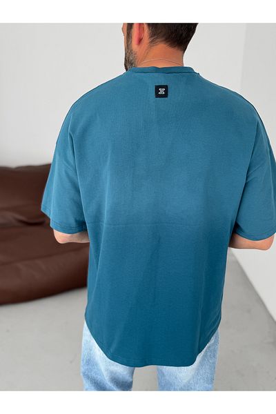 BYBASICMAN Petrol Blue Godspeed Printed Oversize T-Shirt Jj-106