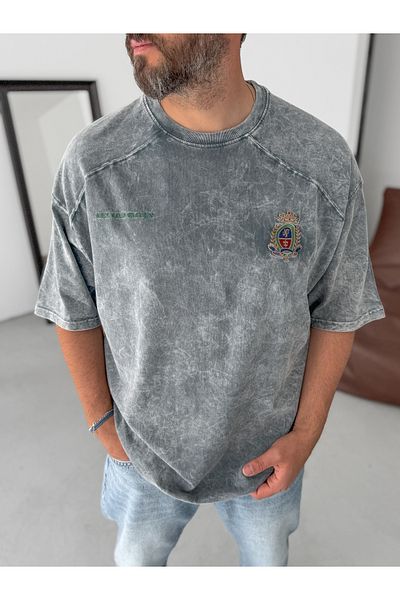 BYBASICMAN Gray Crest Embroidered Washed Oversize T-Shirt Jj-307