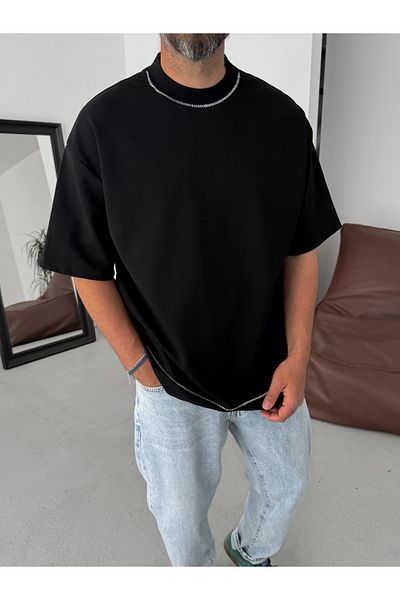 BYBASICMAN Black Wide Collar Stitched Oversize T-Shirt Bs-010