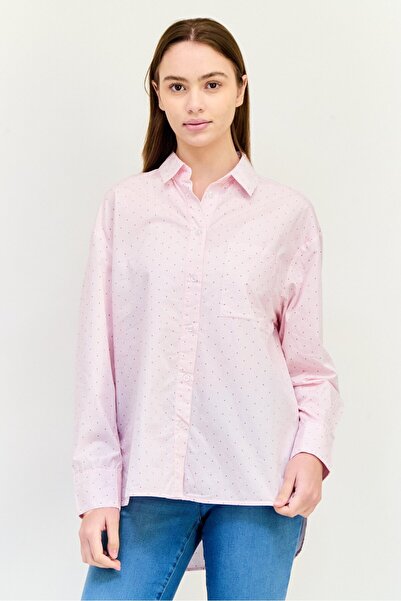 XOXO Women Spread Neck Long Sleeves Micro Stripe Shirt, Pink