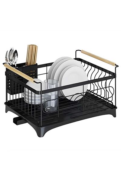 Quasar & Co. Dish Drainer, with Cutlery Holder, Wooden Handles, Draining Tray, Metal, 42x30 Cm, Black
