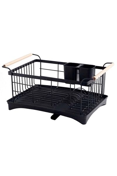 Quasar & Co. Dish Drainer, with Cutlery Holder, Wooden Handles, Draining Tray, Metal, 42x30 Cm, Black