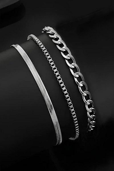The Collection Stainless 3 Pcs Men's Sports Steel Bracelet Set (Italian-Cube-Gourmet)