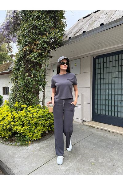 LE CARAMBOLE Women's Anthracite Modal Fabric Embroidered Crop T-Shirt and Trousers Double Bottom Top Set