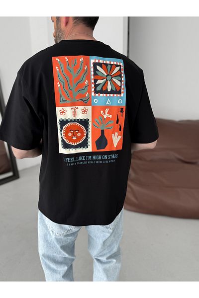 BYBASICMAN Black Flower Collage Oversize T-Shirt Yp-5075