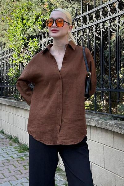 Madmext Дамска риза от кафяв муселинов плат, MG1660