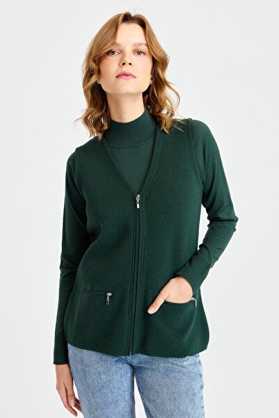 Desen Triko Women's Steel Knit Pocket Zippered Plain Knitwear Vest Green