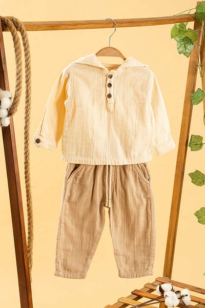 bombe Girl Boy Baby Kids Natural Hooded Comfortable 2-Piece Set Cotton Trend Fashion Bottom Top Set