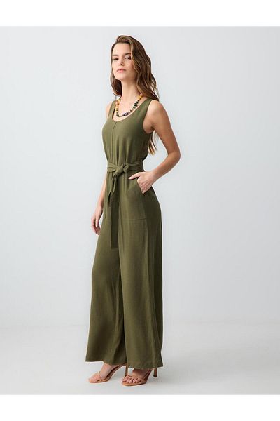 Jimmy Key Khaki Relaxed Cut Waist Tie Linen Jumpsuit
