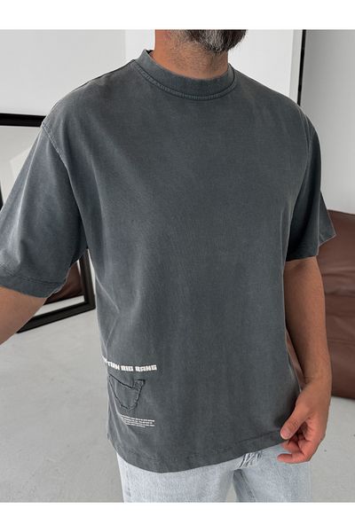 BYBASICMAN Anthracite Back Piece Written Oversize T-Shirt Yp-5058