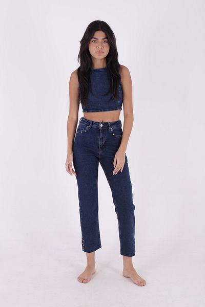 RICHMOST High Waisted Mom Fit Women's Jean Jeans with Rhinestones at the Legs and Slit Pockets Straight Dark Rins Denim