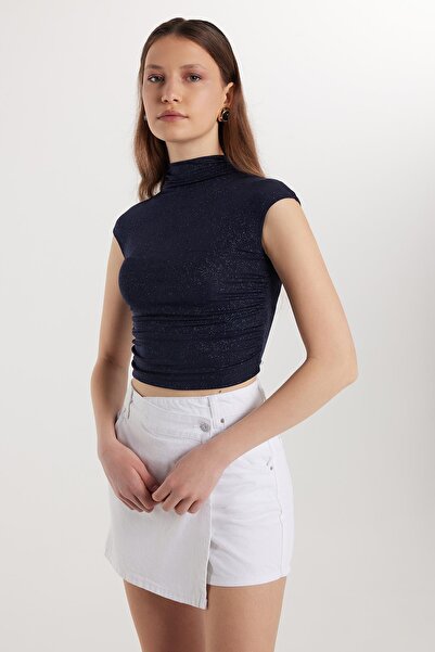 Tudors Kadın Slim Fit Dar Kesim Lastikli Kısa Kol Lacivert Bisiklet Yaka Bluz
