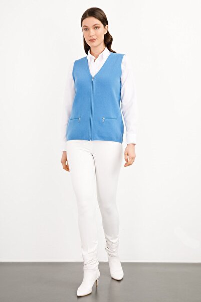 Desen Triko Жіночий трикотажний жилет з кишенею на блискавці, прямий крій, темно-синій