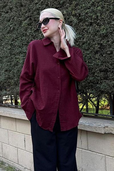Madmext Cămașă de bază pentru femei din țesătură muselină burgundy MG1660