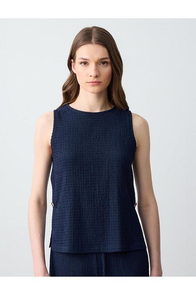 Jimmy Key Navy Blue Straight Cut Round Neck Sleeveless Knitted Blouse